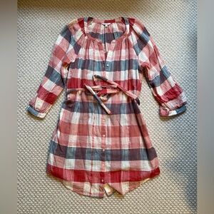 Lucky Brand Plaid Button-Up Dress with belt size L cotton/linen